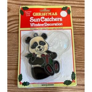 Christmas Panda Bear‎ Vintage Sun Catcher Window Decor Stained Glass Look Taiwan